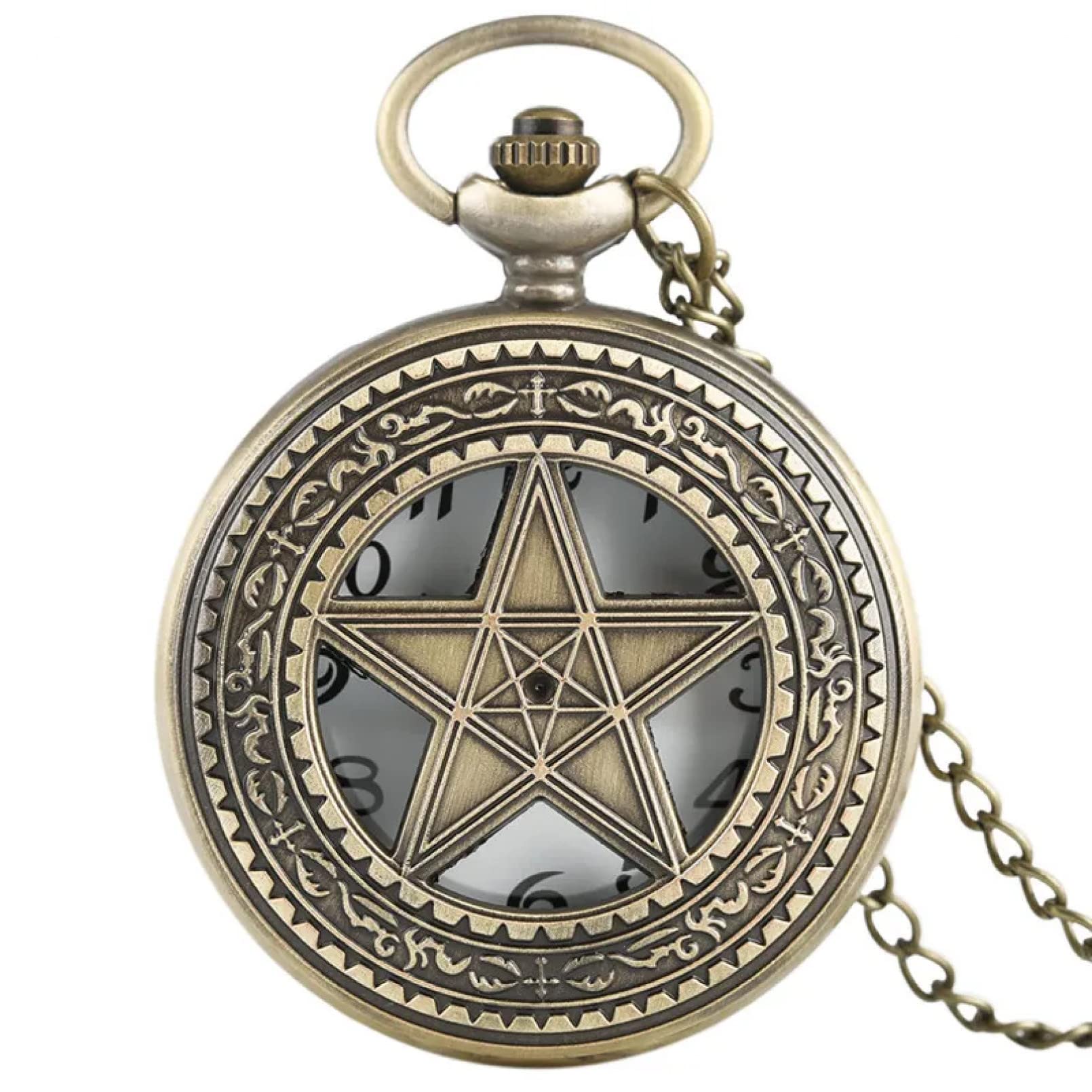 Huibbgo Vintage Necklace Pentagram Pentacle Pagan Wiccan Witch Pewter Quartz Pocket Watch