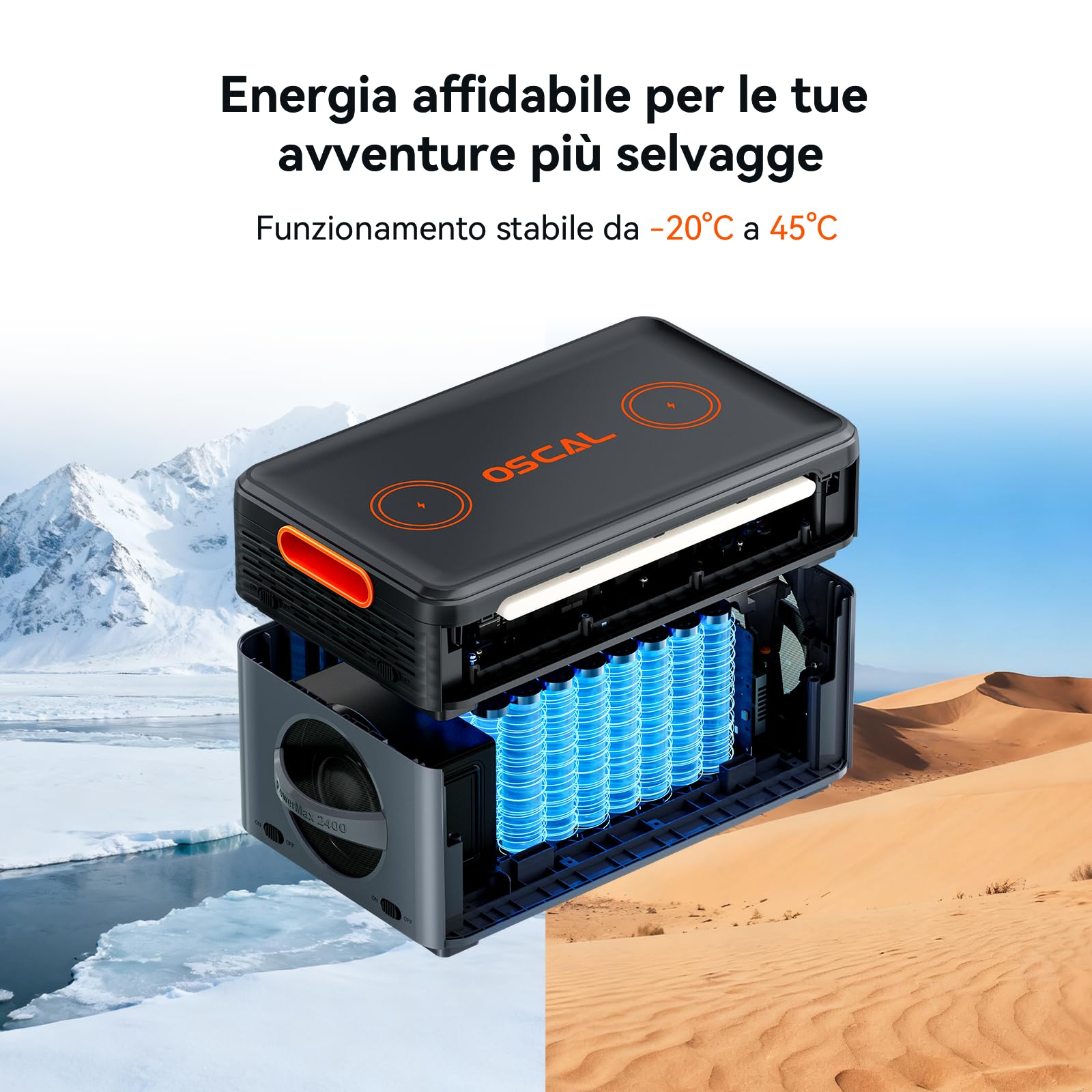 OSCAL PowerMax 2400Pro Centrale Elettrica Portatile (Modello 2025 aggiornato), batteria LiFePO4 2016 Wh, 2400W(Picco 4800W), on/off grid, Due altoparlanti, UPS 5ms, ideale per camp/camper/emergenze