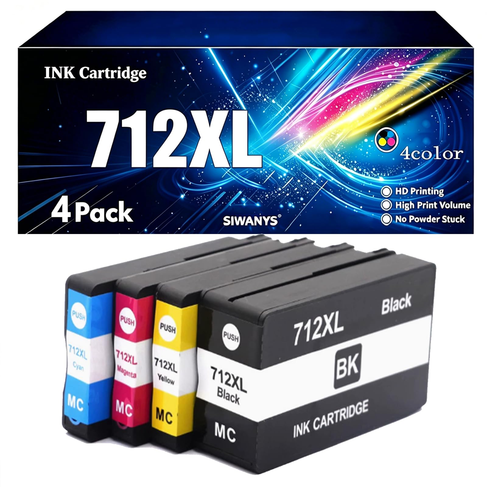 Paquete de 4 cartuchos de tinta 712XL, compatibles con DesignJet T650, T630, T230, T210, T250, juego de 4 cartuchos, rendimiento de 2300/1500 páginas, con chip