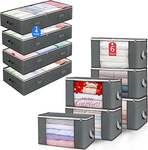 Paquete de 6 bolsas de almacenamiento de ropa de 90 litros y 4 bolsas de almacenamiento debajo de la cama contenedores plegables para almacenamiento