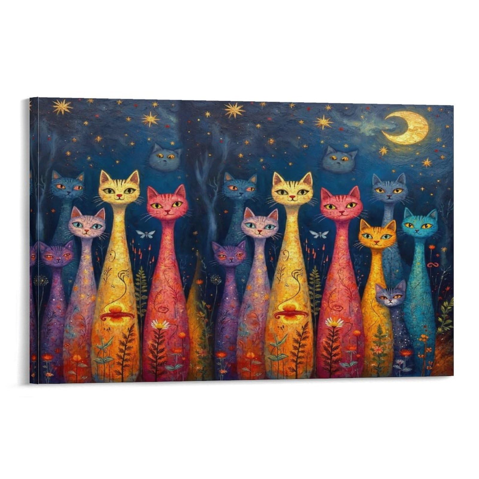 CPLVKWRQJ Whimsical Cat Art Individual Whimsical Cats Under The Moon Wall Art Pieces - Office Canvas Print Fade Resistant Wall Focal Art Ready to Hang 12x18inch(30x45cm)