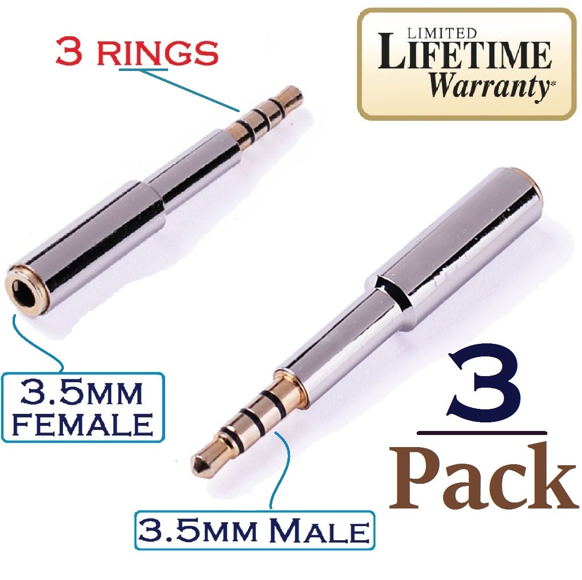 Josi Minea x 3 Pcs 3.5mm Audio Jack Extender Headphone Adapter with Gold Plated 4-Pole 3.