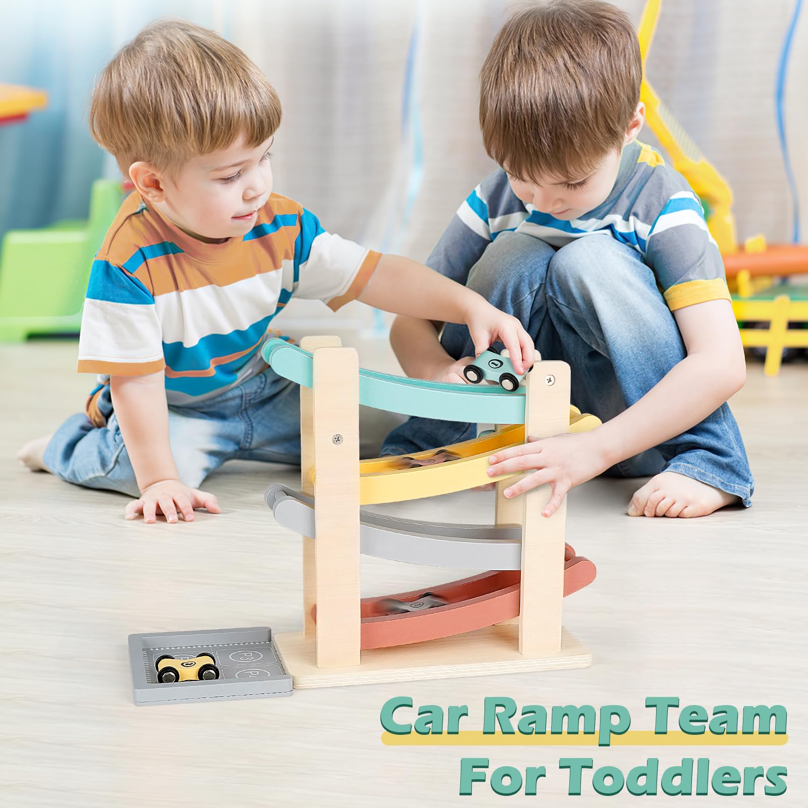 Juguetes de rampa de coche para niños de un año, regalos de cumpleaños, juguetes Montessori de madera para niños de 1 a 2 años, juguete de camión de carreras con 4 mini coches/1 estacionamiento, 3
