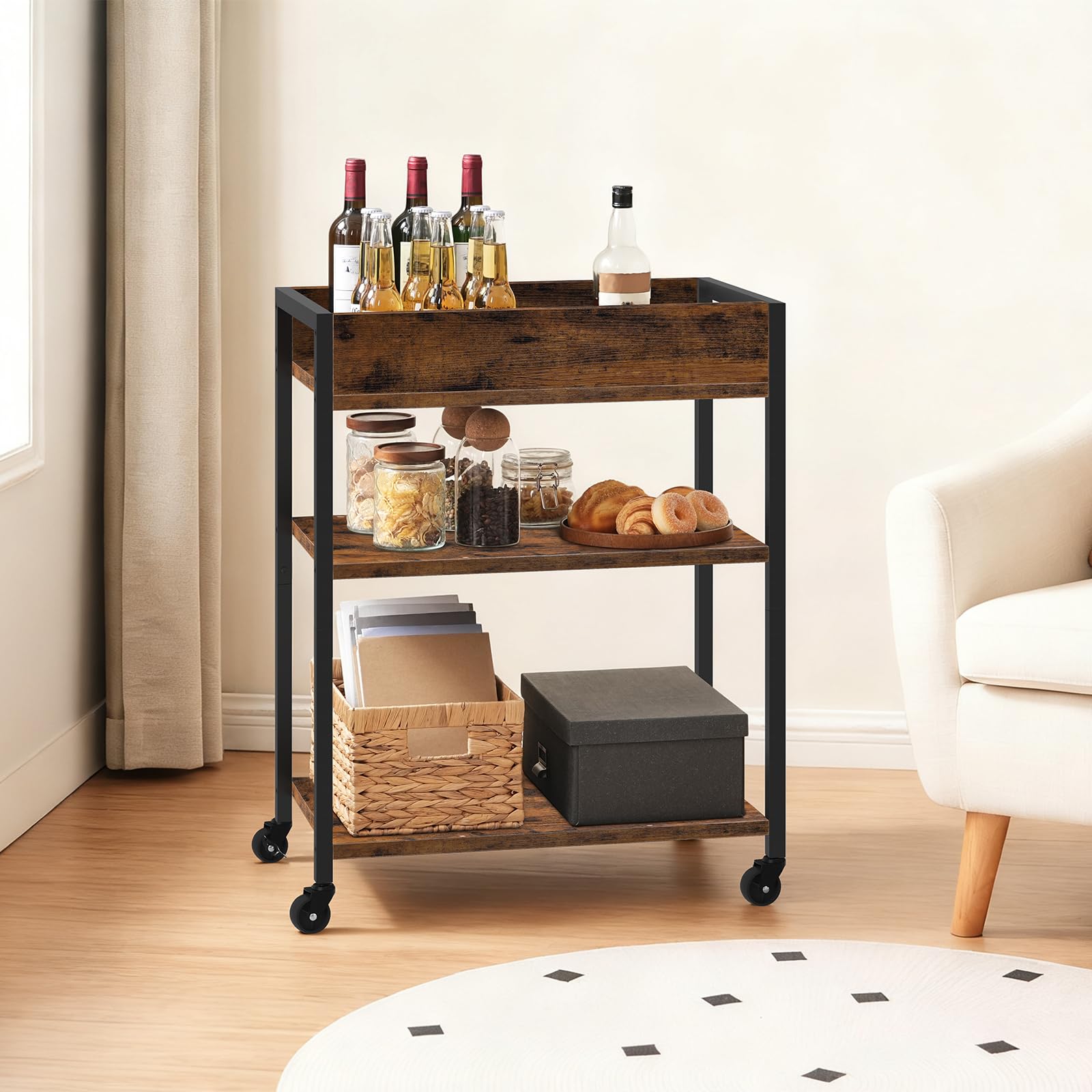 HOOBRO Carro de Servicio de 3 Niveles, Carrito con Barandilla, Carro de Cocina, Estantería de Comedor y Bar, 64 x 40 x 85 cm, para Restaurante, Salón, Bar, Marrón Rústico y Negro EBF64TC01