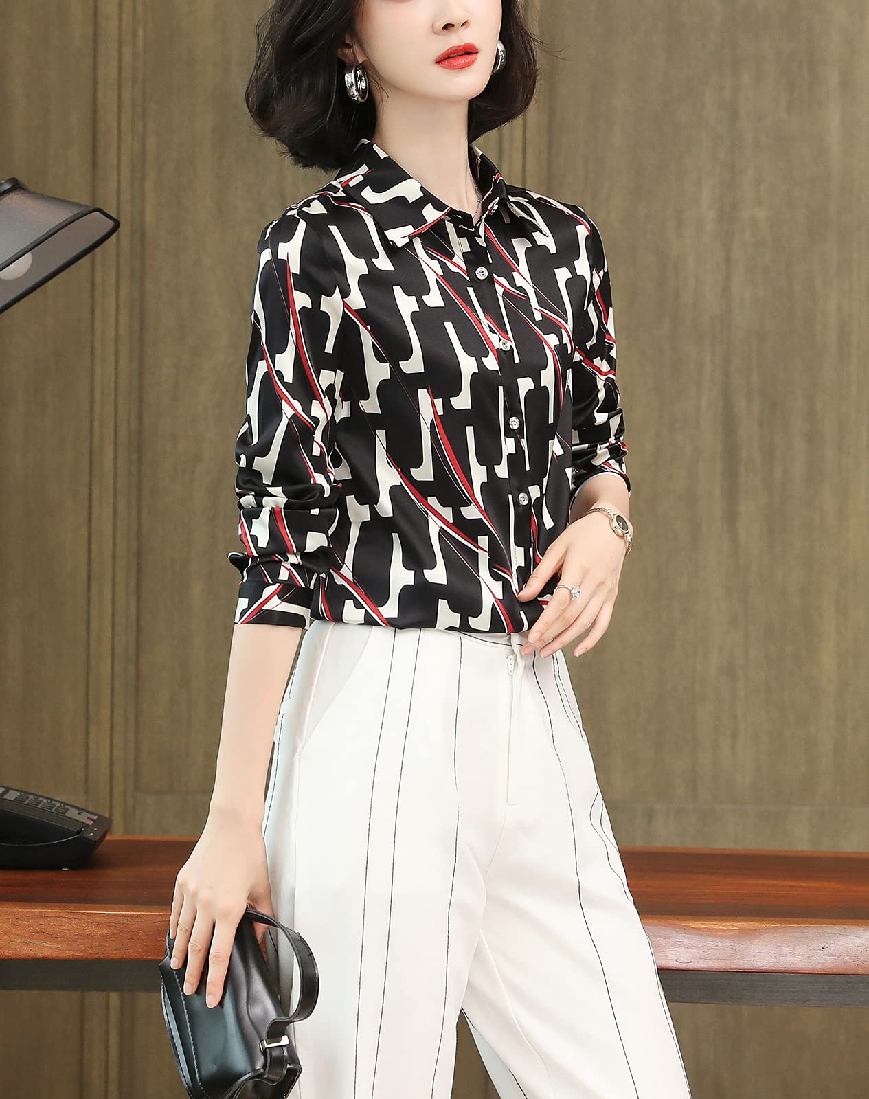 E-girl Blusa de seda para mujer, diseño de lunares, con botones, manga larga, solapa, S3510