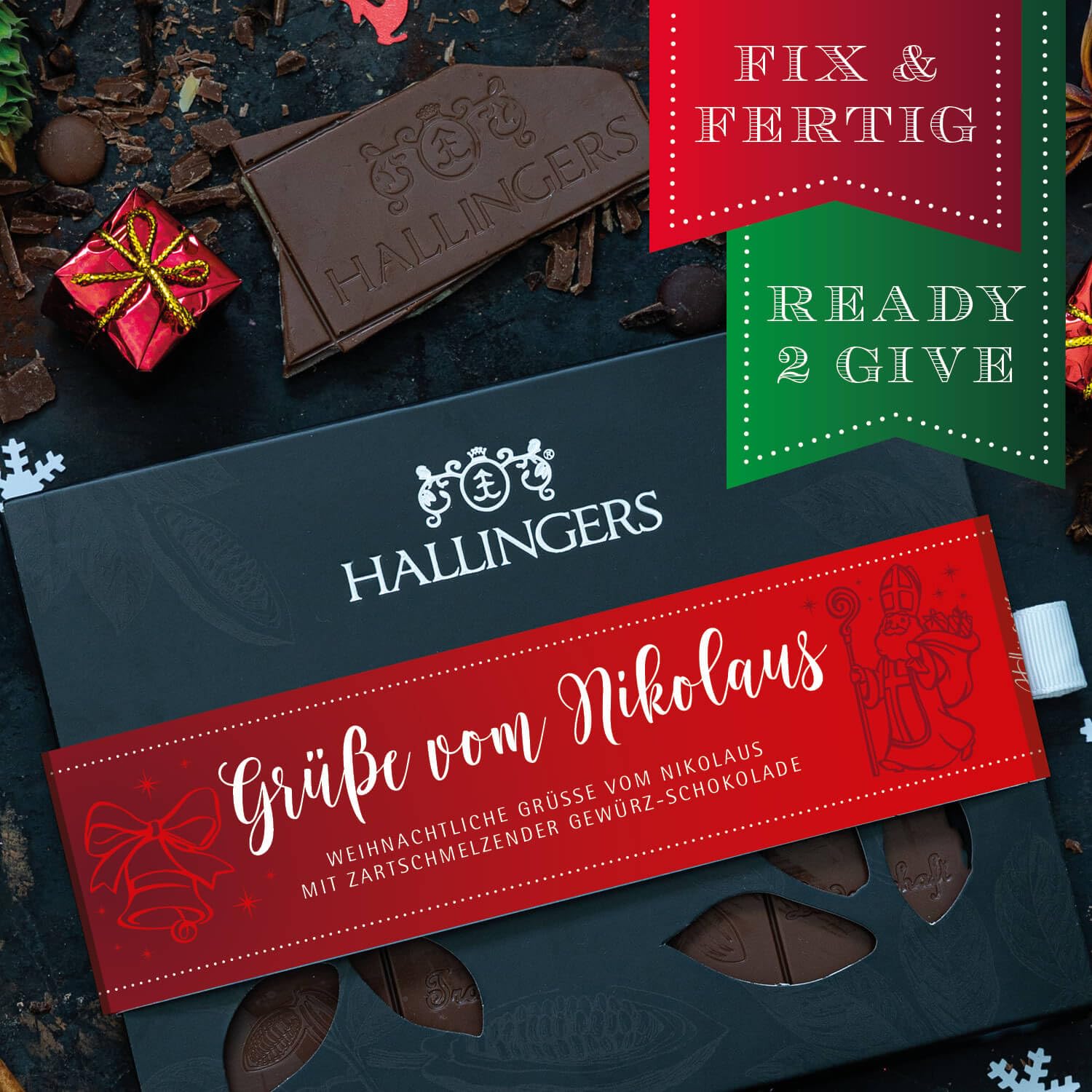 Hallingers Genuss Manufaktur Schokolade Weihnachts-Geschenk - Tafel Edelkakao handgeschöpft ohne Alkohol edler Karton 10x "Grüße vom Nikolaus" Xmas-Gewürze, Weihnachten für Frauen Männer