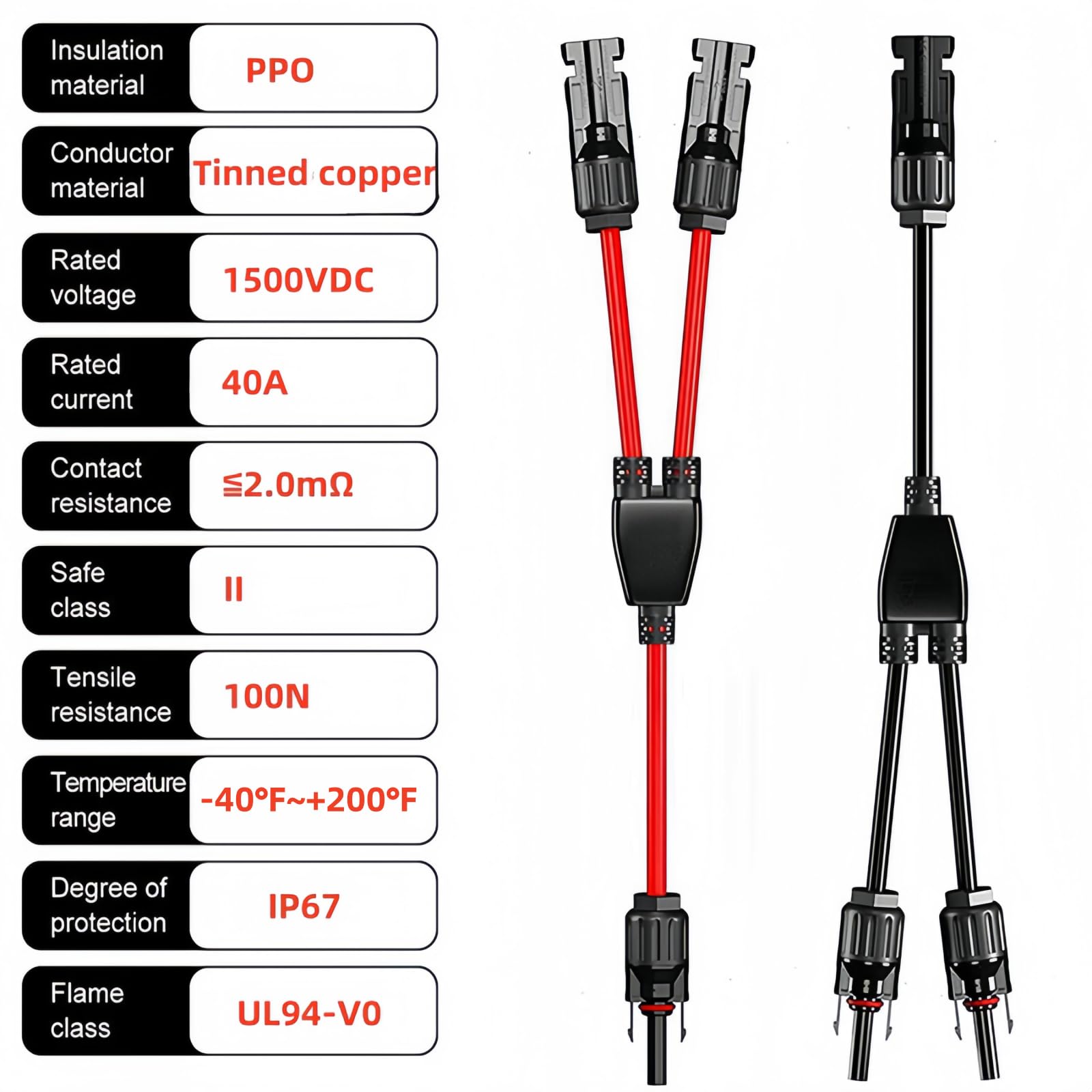 2 pares de conectores solares Y-Tee 1 a 2 adaptadores paralelos impermeables, conector de cable de cobre estañado de 10 AWG para paneles solares fotovoltaicos (2 pares M/FF y F/MM)