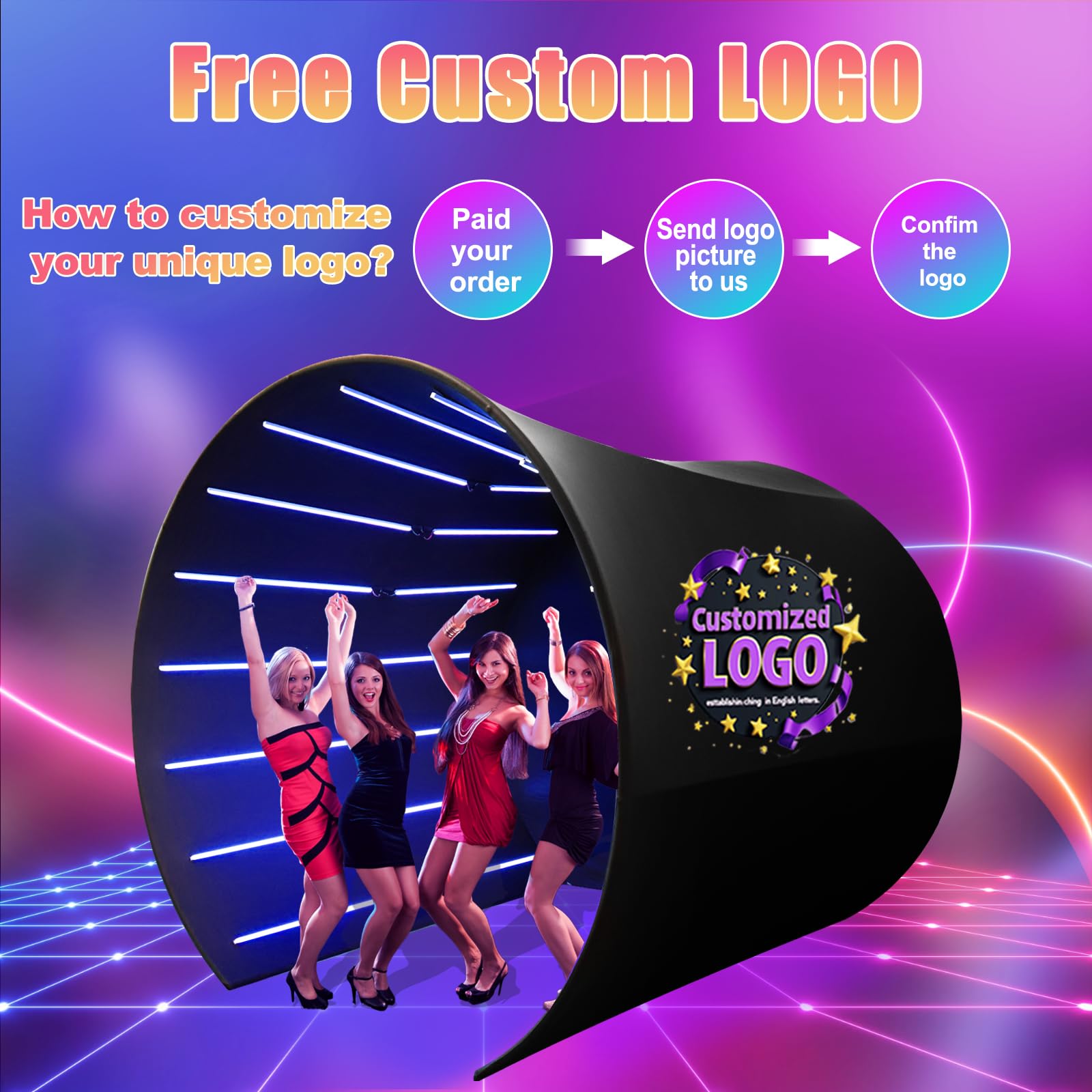 ZLPOWER 360 Photobooth Backdrop Photo Booth Enclosure Wall Backdrops Customized Logo Background with 28 PCS LED Light and 2PCS Moveable Spiral Screen Stand for Rental Wedding Party