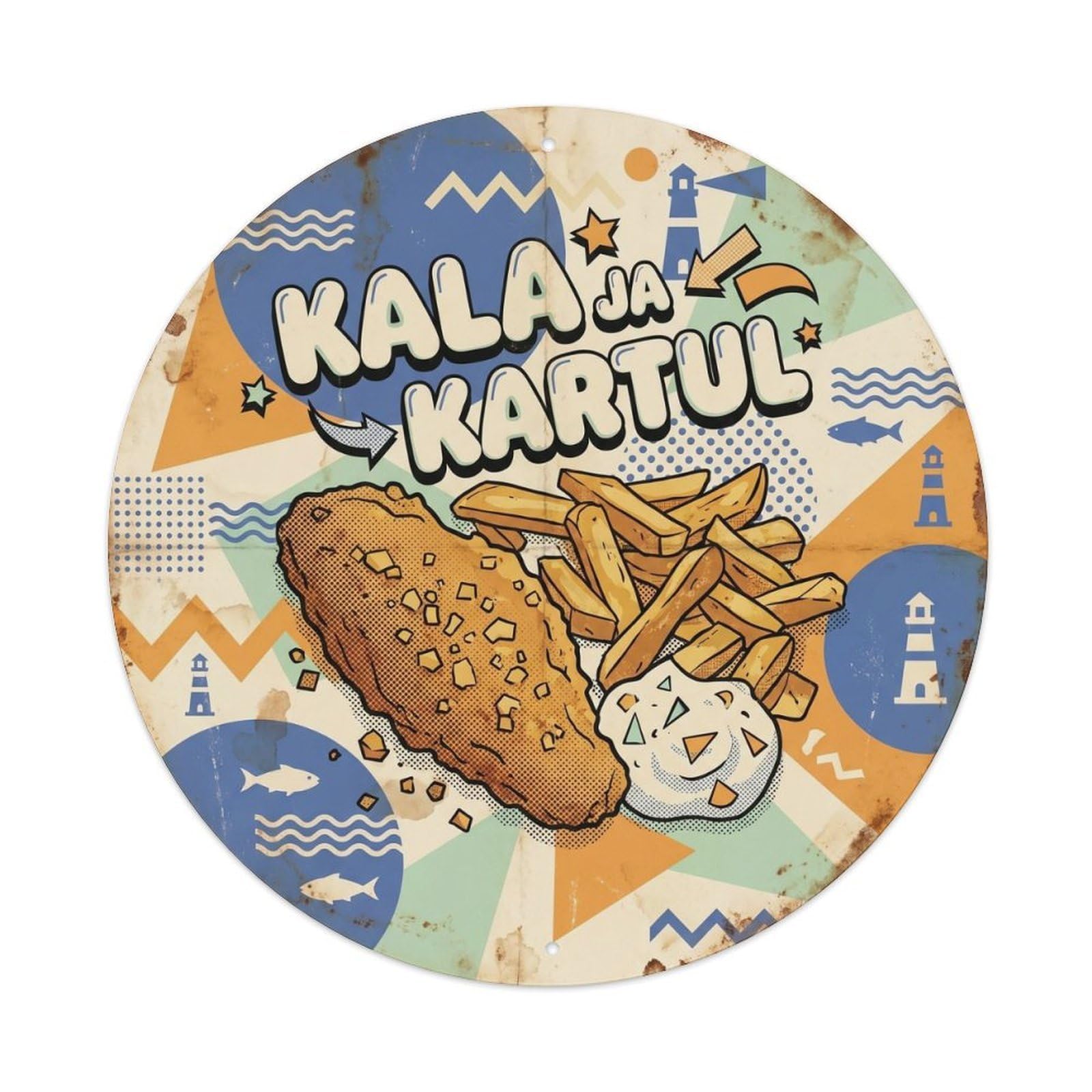 Estonia Fish And Chips Geometric Memphis Travel Cuisine Metal Tin Sign