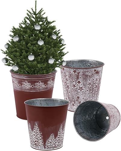 Miniatura 7 de Cubos de metal galvanizado blanco de Navidad, 4 macetas rústicas de hojalata con orificio de drenaje y enchufe, regalo de Navidad, maceta vintage