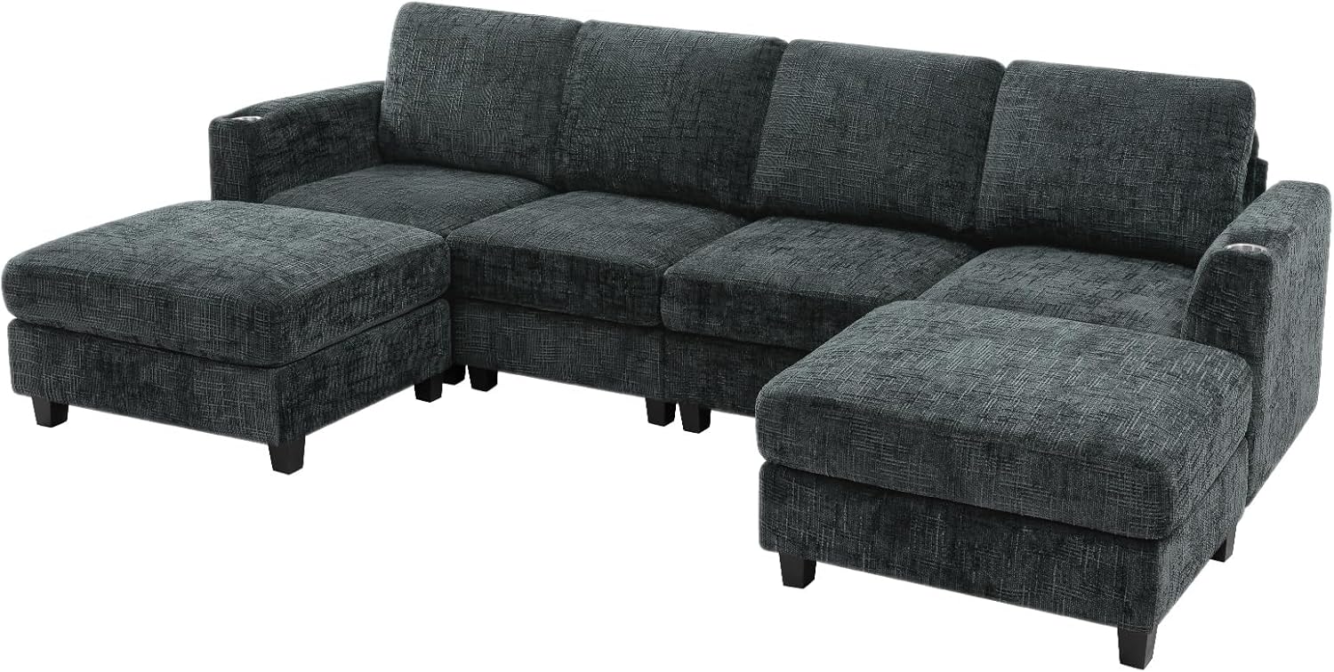 110" Convertible U-Shape Couch with 2 Flexible Ottomans, Soft Sectional Sofa with Durable Cup Holders, Chenille 4 Seater Sofa with Well-Filled Backrest for Living Room, House, Grey
