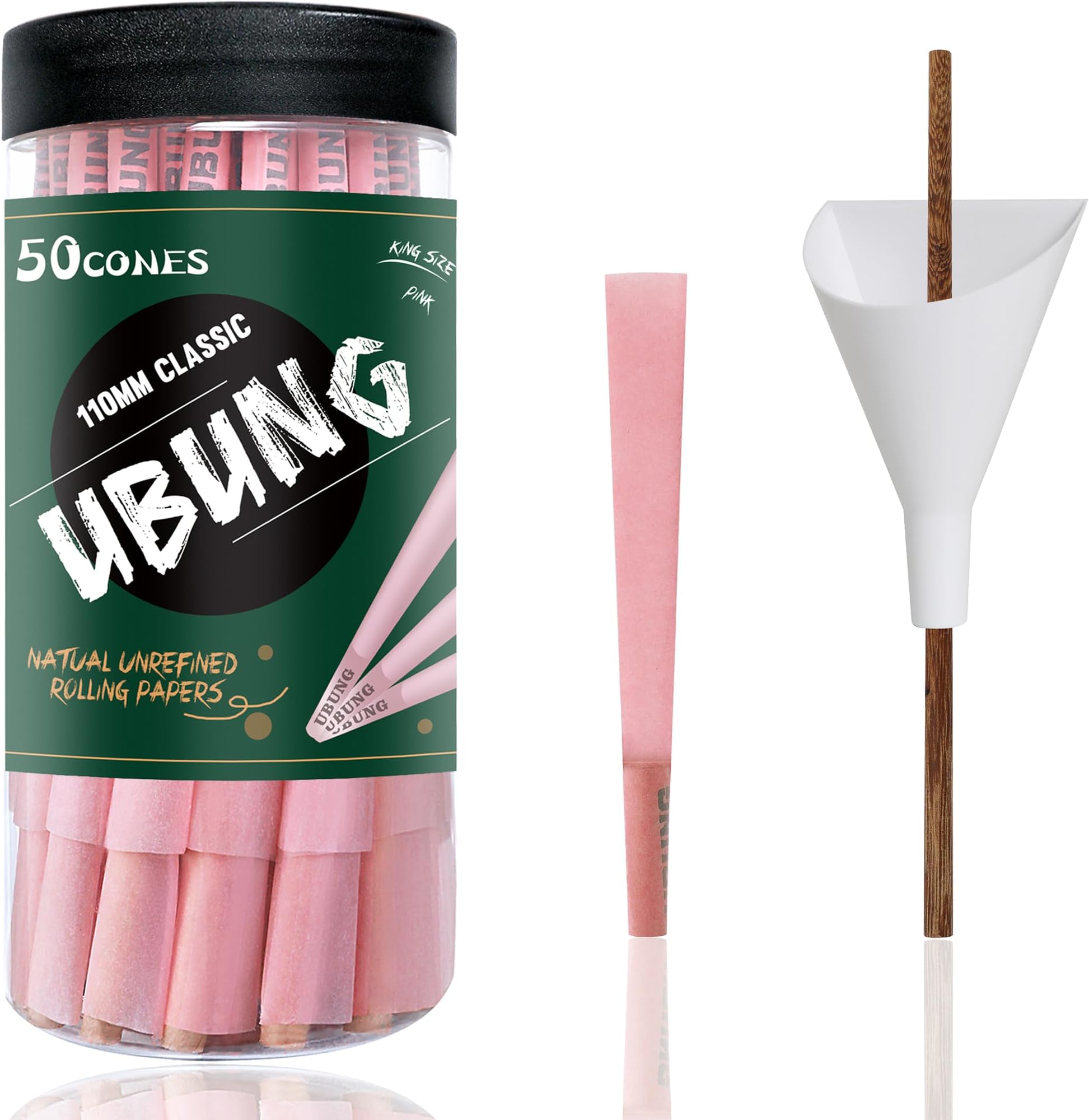 UBUNG Pink Cones, 50 Pack, King Size Pink Pre Rolled Cones With Tips, Slow Type Rolling Paper, Length 4.25 in / 108 mm, Including 1 Cone Loader And 1 Push Rod
