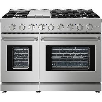 FORNO Galiano Dual Fuel 48" Inch. Freestanding Range 8 Sealed Brass Burners Cooktop - 6.58 Cu. Ft. Double Convection Electric Oven - Stainless Steel Stove Range Heavy Duty Cast Iron Grates