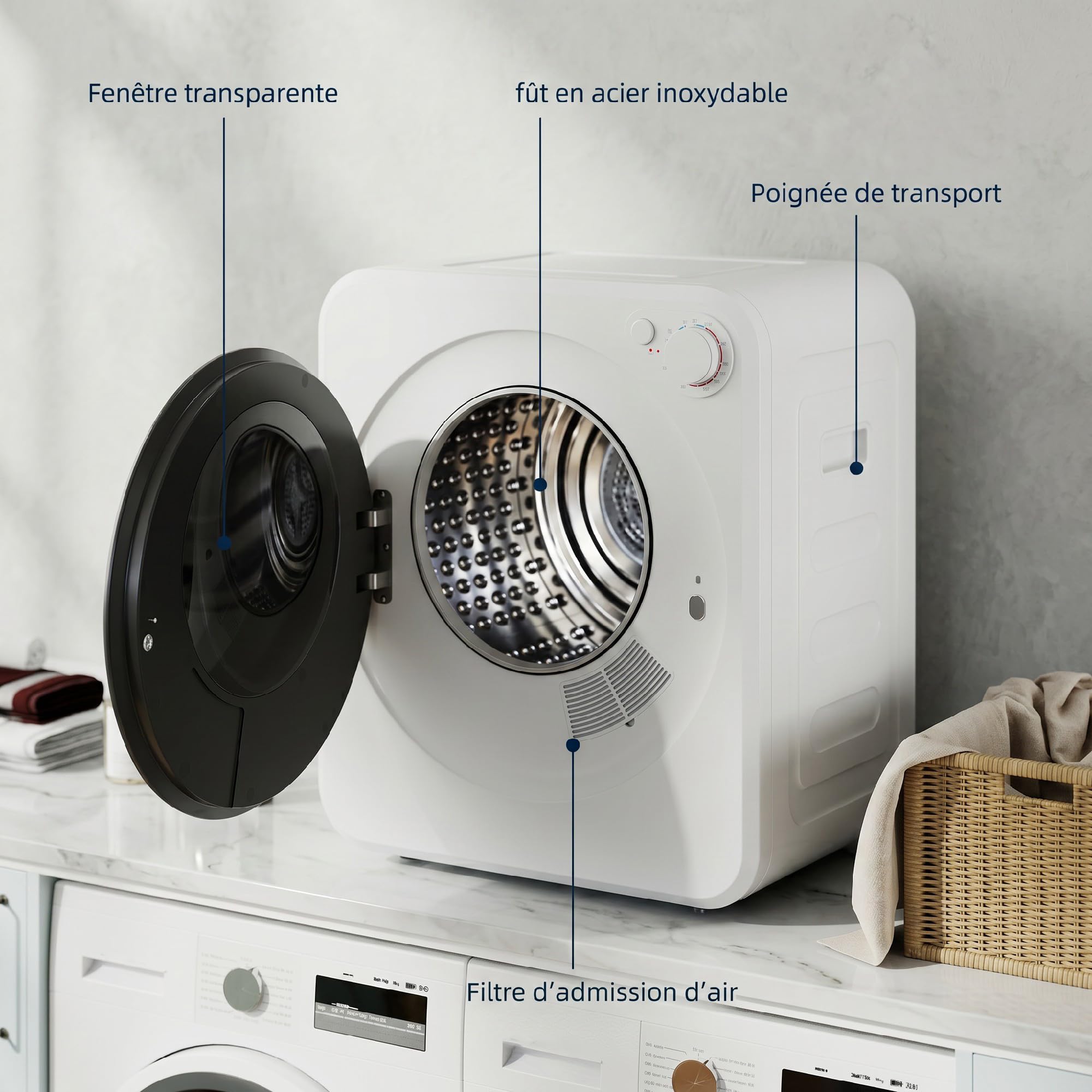 HOMCOM Sèche-linge à évacuation portable 2,5 Kg électrique compact 400/800 W, 5 modes, tambour acier inoxydable, charge frontale, blanc