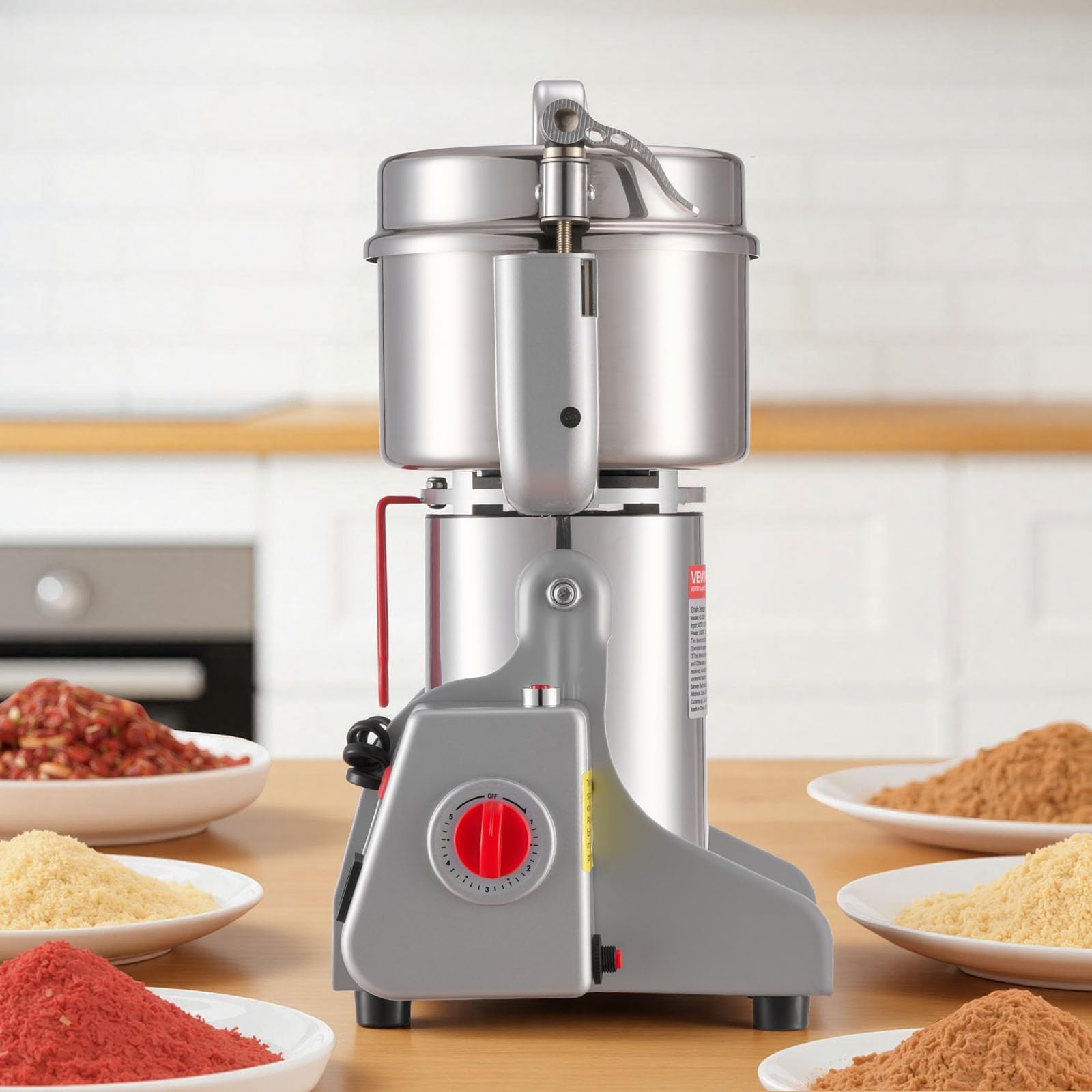VEVOR Macina Spezie Elettrico Commerciale da 800 g, Polverizzatore in Acciaio Inossidabile ad Alta velocità da 2100 W, per Cereali Secchi, Spezie, Cereali, Caffè, Mais e Pepe, Tipo Oscillante