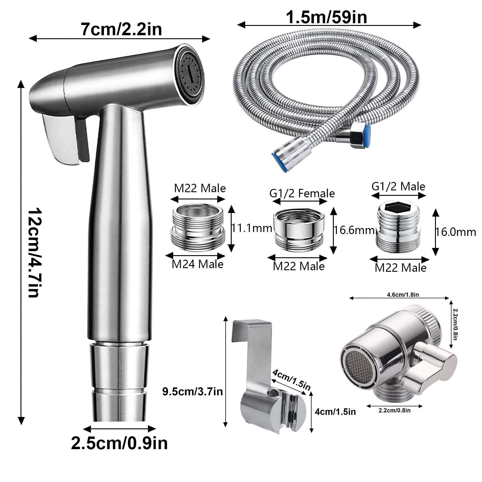 Bidet doccia a mano in acciaio inox, kit spruzzo per pannolini con rubinetto e tubo flessibile