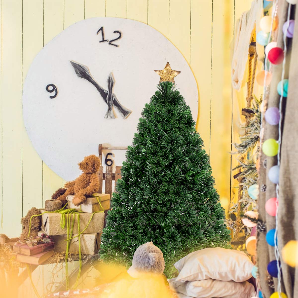 GOPLUS Kunstkerstboom met glasvezelkleurverandering, 90/120/180/150 cm, dennenboom met verlichting, pvc-naalden, voor thuis, op kantoor (groen, 90 cm