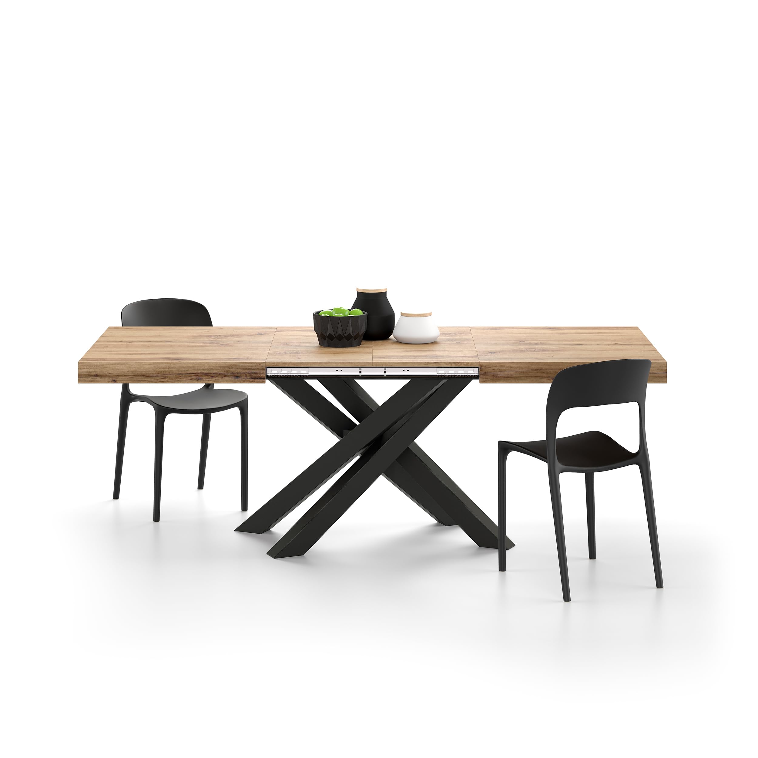 MOBILI FIVER, Ausziehbarer Esstisch Emma 140(220) x90 cm, Rustikale Eiche mit Schwarzen gekreuzten Beinen, Made In Italy