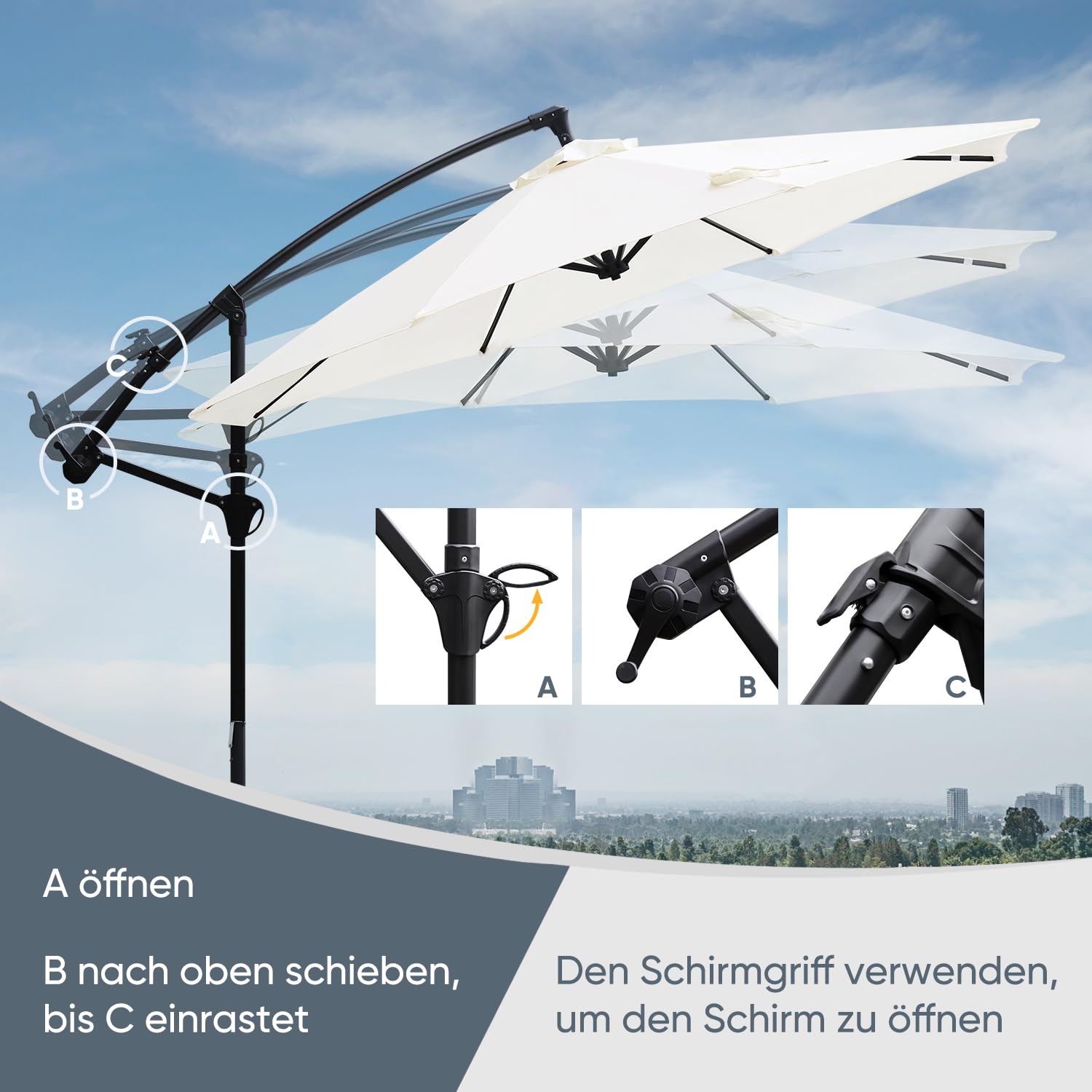 Sekey Ampelschirm 300 cm Sonnenschirm mit Kurbel Gartenschirm Kurbelschirm mit Kurbelvorrichtung UV50+ Sonnenschutz Robust und Stabil für den Garten Dunkelgrau