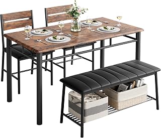 IRONCK Rustic Brown Dining Table Set for 4: Kitchen Table with Upholstered Bench & 2 Chairs - Space-Saving for Small Apartments