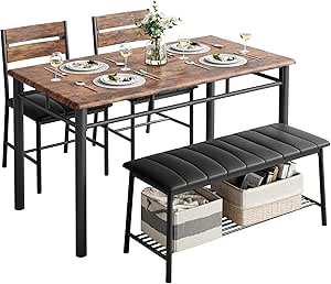 IRONCK Dining Table Set for 4, Rustic Brown Kitchen Table with Upholstered Bench and 2 Chairs