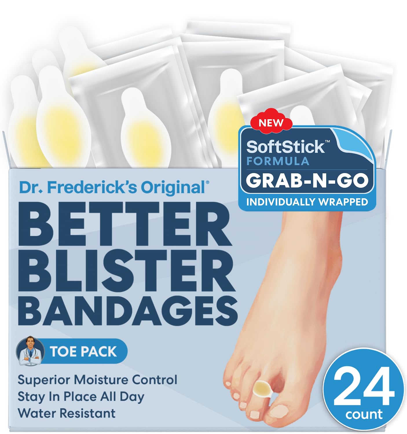 Dr. Frederick's Original SoftStick Better Blister Bandages - 24 ct - Extra Soft, Extra Stick - Grab-N-Go - Water Resistant Hydrocolloid Bandages for Blister Prevention - Toe Pack