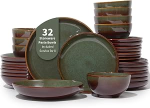 POKINI Stoneware Dinnerware Set, 32 PCS Reactive Glaze Plates and Bowls Set, Handmade Round Ceramic Dish Sets Service for 8, Highly Chip and Crack Resistant Modern Dinner Plate Set, Brown Green