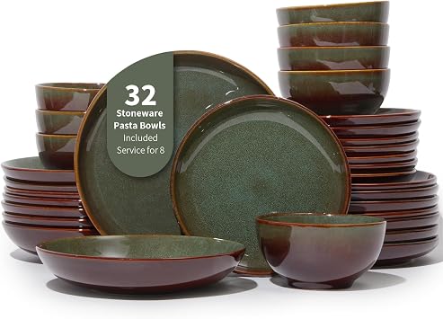 Pokini Stoneware Dinnerware Sets for 8, 32pcs Plates and Bowls Sets Dishes