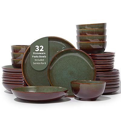 32 Piece Double Bowl Dinnerware Sets with Pasta Bowls, Highly Chip and Crack Resistant Plates and Bowls Sets, Natural Earthyware Ceramic Dishware Sets, Service for 8 Brown Green