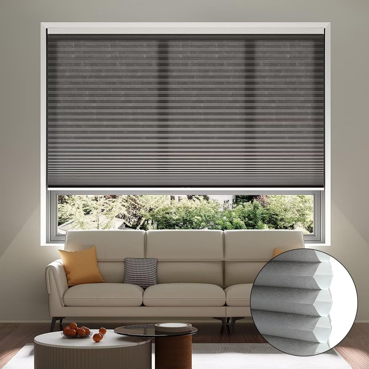 Cordless Cellular Shades Light Filtering Honeycomb Window Blinds Pull Down Cellular Shades 1.5 inch Cell Pleated for Bedroom Home Office (Half Shading Grey,48" W x 60" H)