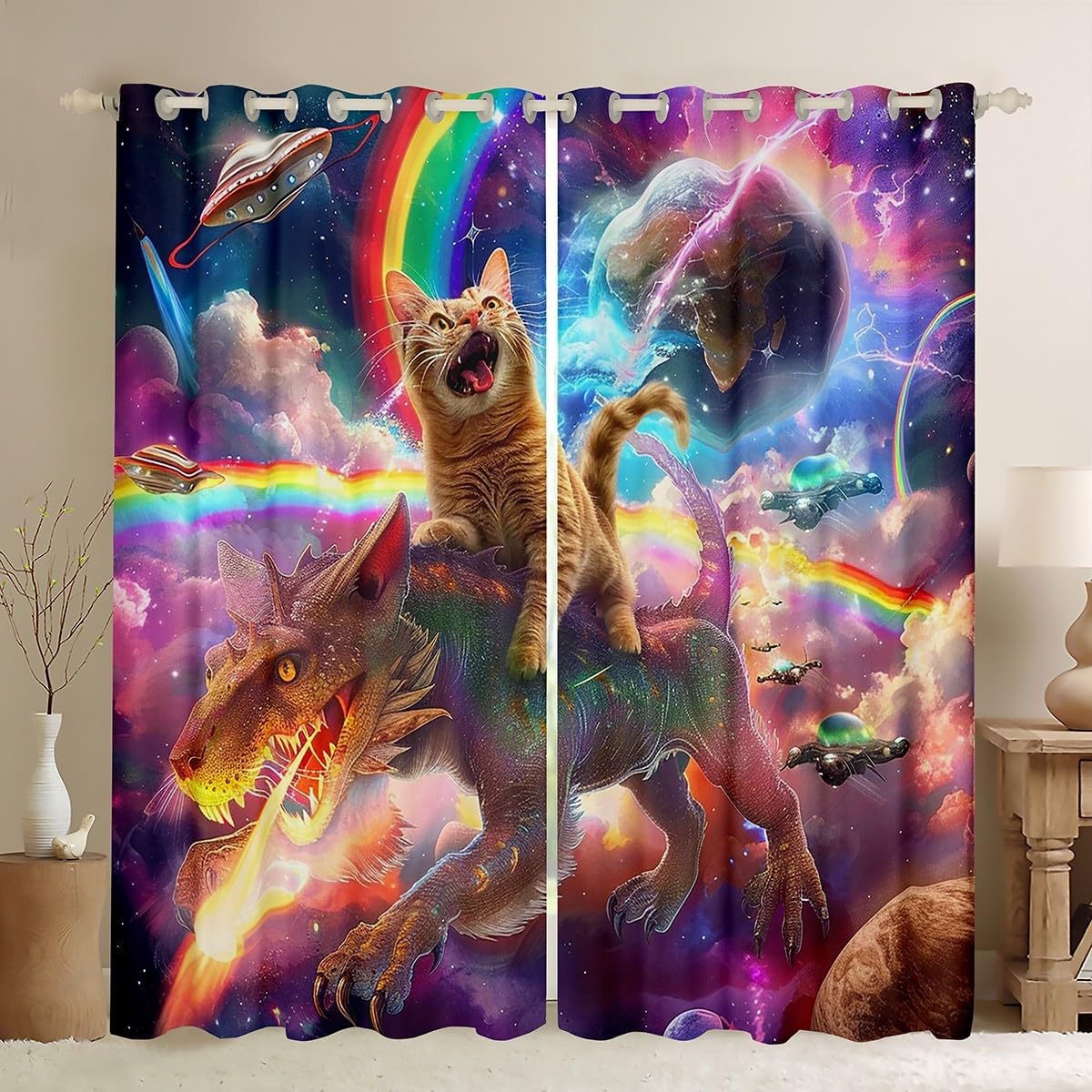 Erosebridal Cat Curtains & Drapes 38" Wx45 L 2 Panels, Dinosaur Curtains for Kids Boys Girls Teens Cute Animal Rainbow Blackout Curtains Bedroom Decor,Outer Space Moon Window Curtains