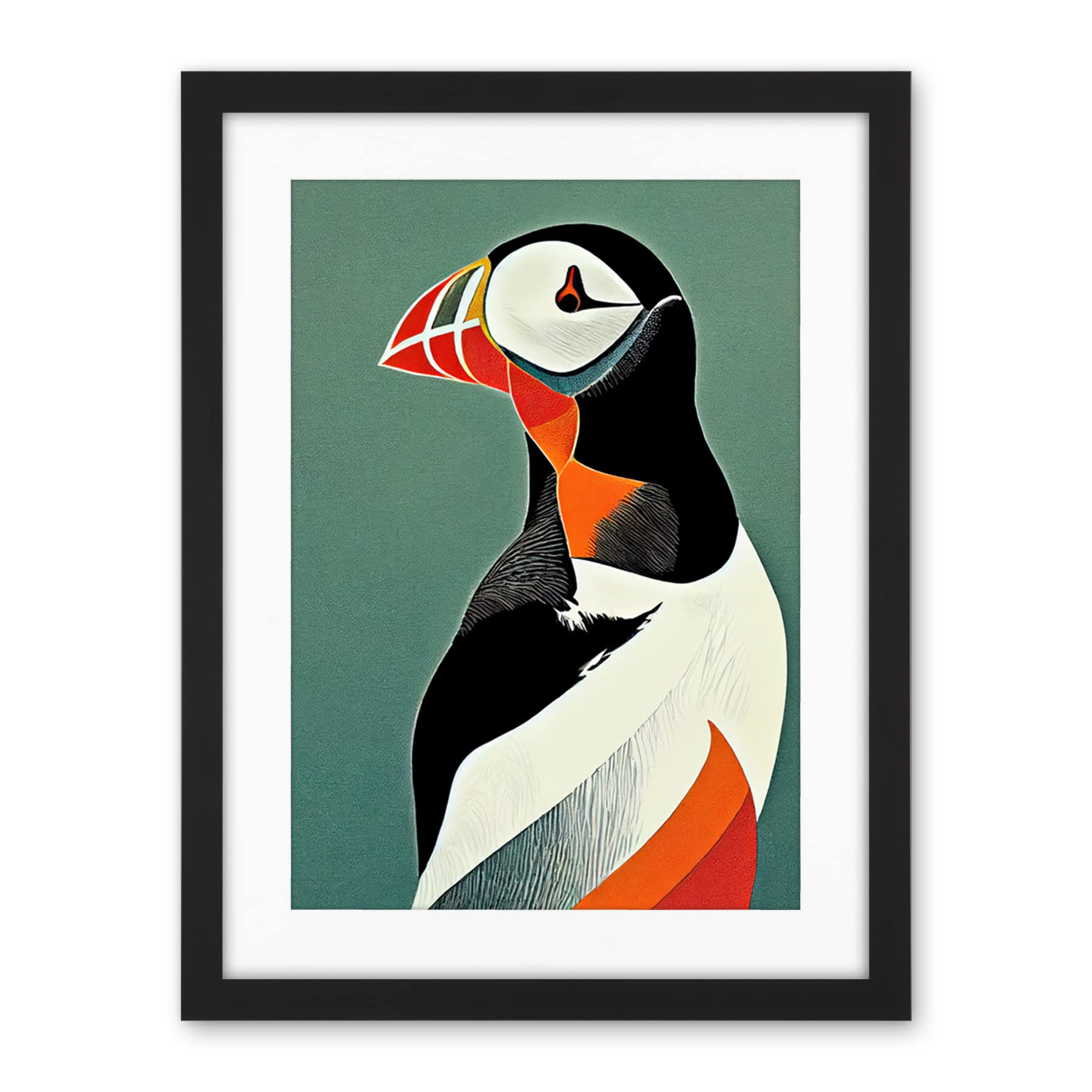Wee Blue Coo Bright Bold Colourful Atlantic Puffin Bird Portrait Artwork Framed Wall Art Print 18X24 Inch