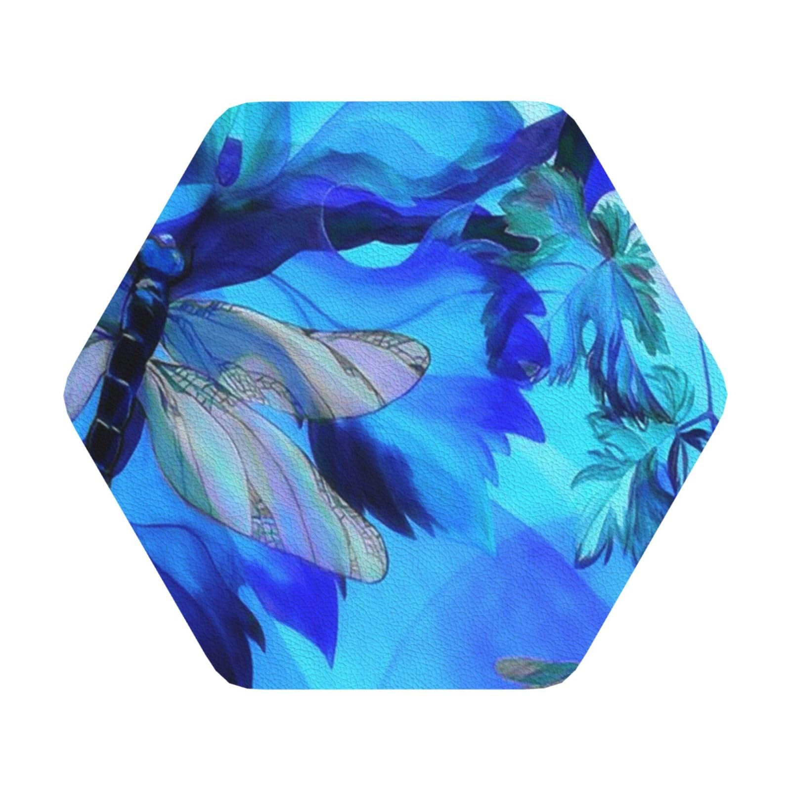 Art Dragonfly PU Leather Coasters Set of 6 Hexagon Drink Coasters