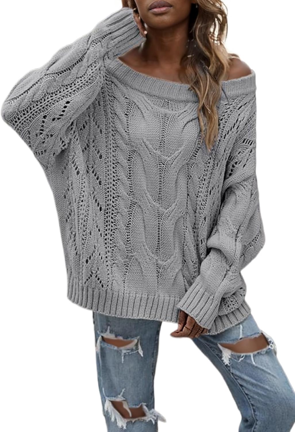 LAJIOJIO Womens Sexy Off The Shoulder Sweaters Oversized Knit Long Sleeve Crochet Pullover Sweater Top - Image 4