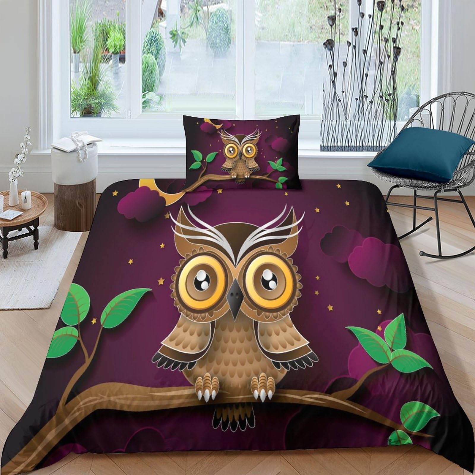 Housse de couette hibou pour chambre d'enfant lit 135x200 cm