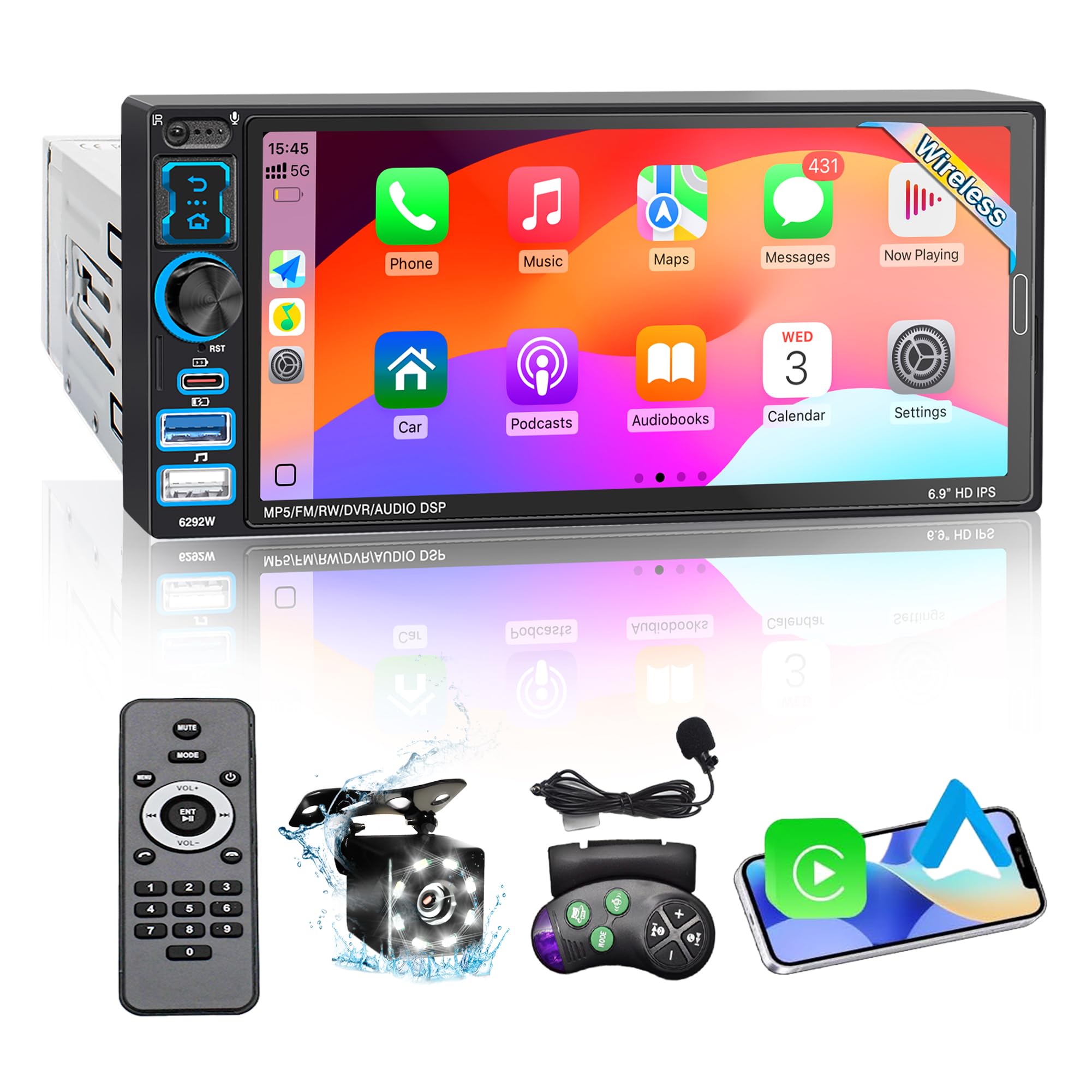 6.9" IPS Single Din Touchscreen Radio Wireless Apple CarPlay Android Auto | Car Stereo with Bluetooth 5.2,Physical Knob Control,Waterproof Backup Camera,FM Radio,Mirror Link,SWC,USB/Type-C,Navigation