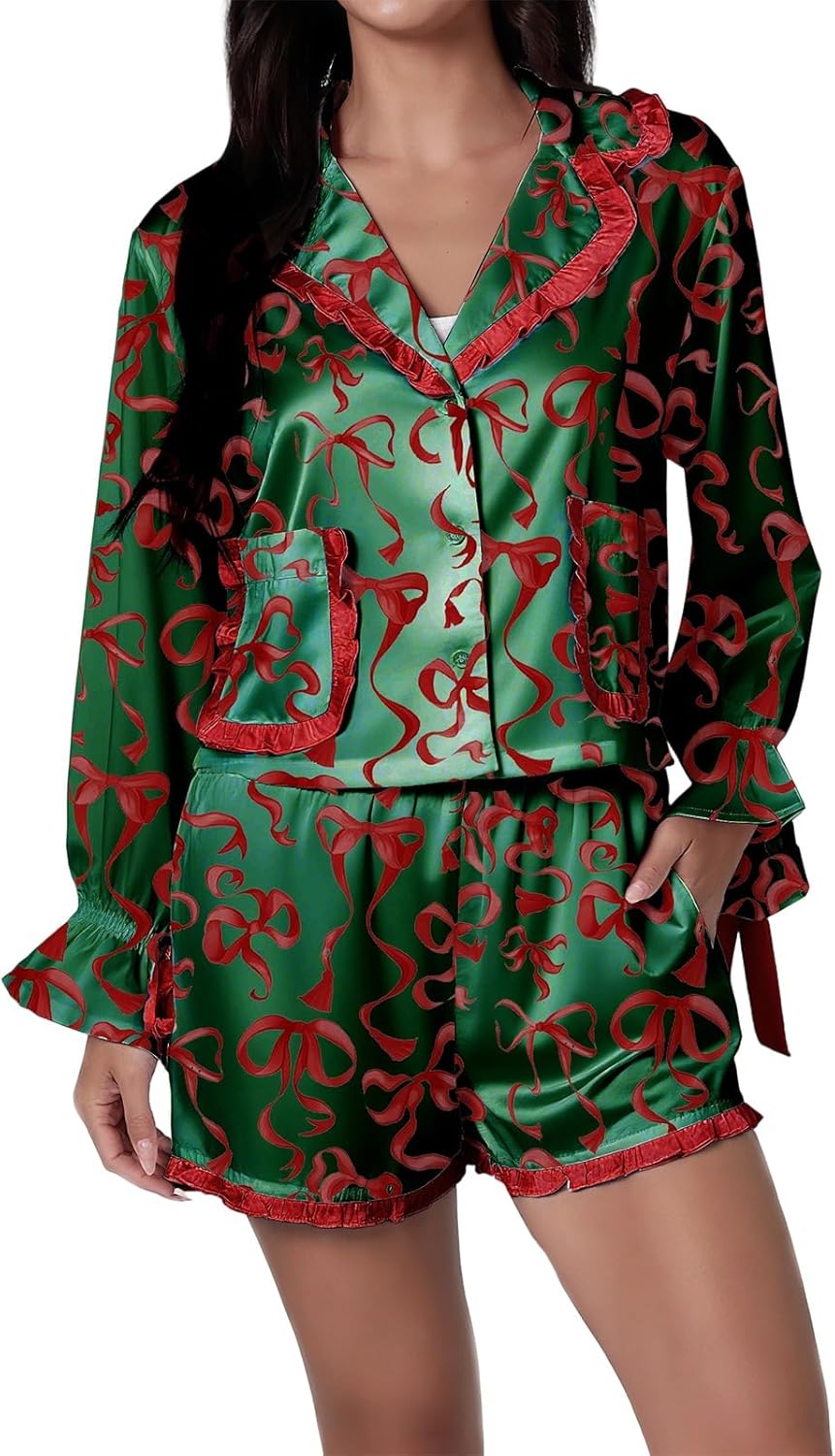 Argeousgor Womens Christmas Pajamas Sets Print Button Up Long Sleeve Lapel V Neck Tops and Shorts Lounge Wear 2 Pcs Set