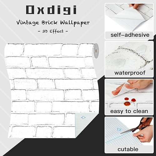 Miniatura 10 de Oxdigi Papel tapiz autoadhesivo con patrón de ladrillo, 17.7 x 393 pulgadas (48.4 pies cuadrados), ladrillo blanco y gris, película autoadhesiva de