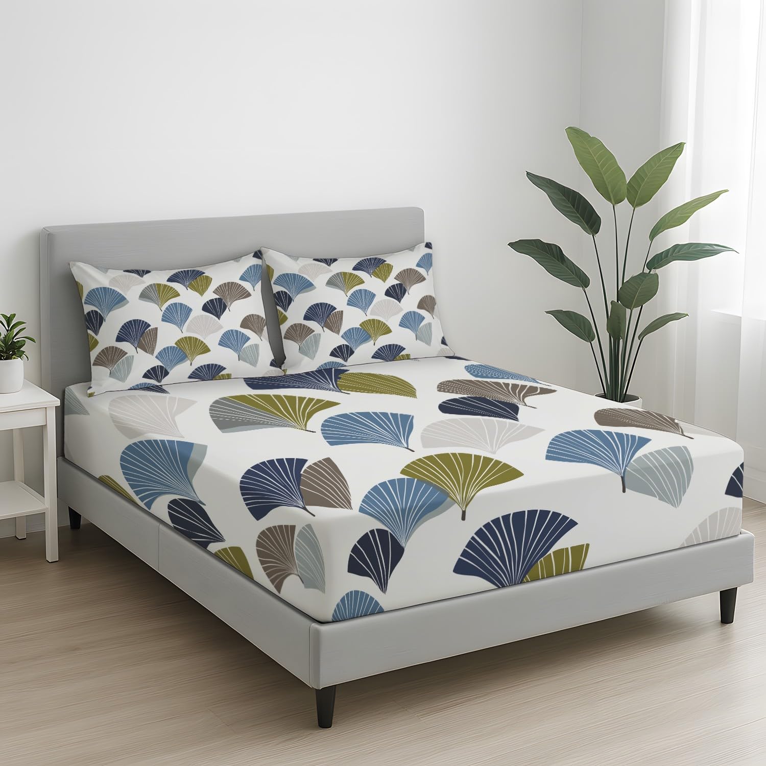 Abstrakt Pflanzen Spannbetttuch Minimalistisch Geometrisch Fächerform Blatt Spannbettlaken 200 x 200 x 30 cm 3teilig Mikrofaser Bettwäsche Set mit 2 Kissenbezüge 80 x 80 cm Kein Flachbettlaken
