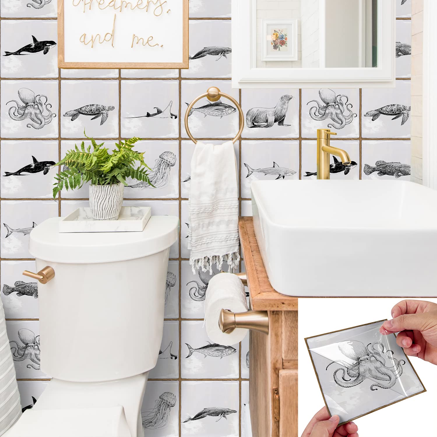 Alwayspon 30Pcs 15cm/6inch Black and White Fishes Tile Sticker, Peel & Stick Self-Adhesive Splashback Fireplace Stairs Tile Sticker Transfers, Stick on Tile for Kitchen Bathroom Wall