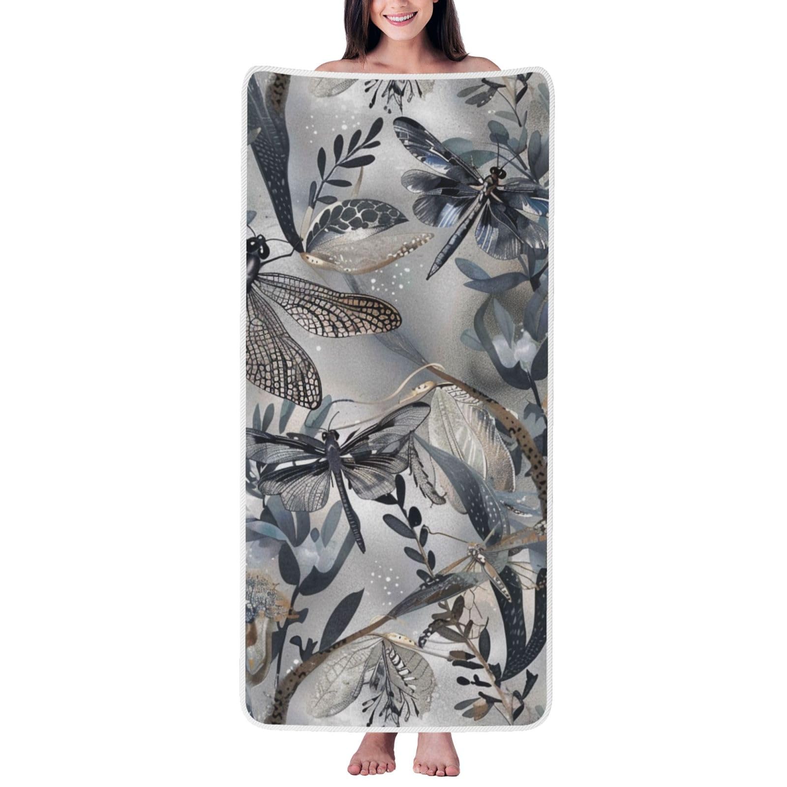 WPKJU Dragonflies Grey Printed Bath Towel with White Edging - 27x55 in Soft Extra Absorbent Coral Velvet Shower Towels for Bathroom