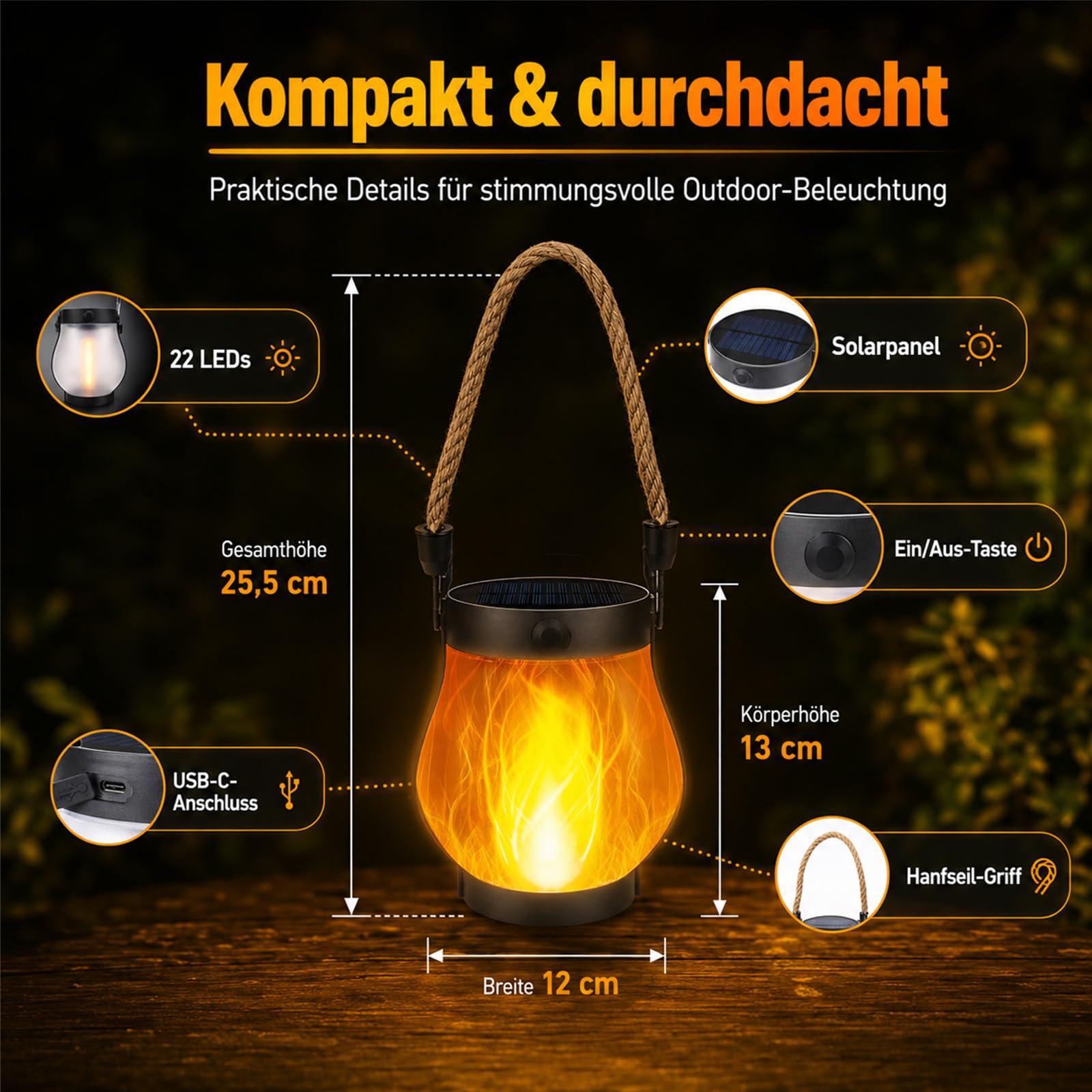 Klynero Solar Laterne Outdoor mit LED-Flammeneffekt, IP65 Wetterfest (2) | Warmer Flammeneffekt, Solar- und USB-C-Ladung, über 10 Std. Licht – ideal für Garten, Balkon und Terrasse.
