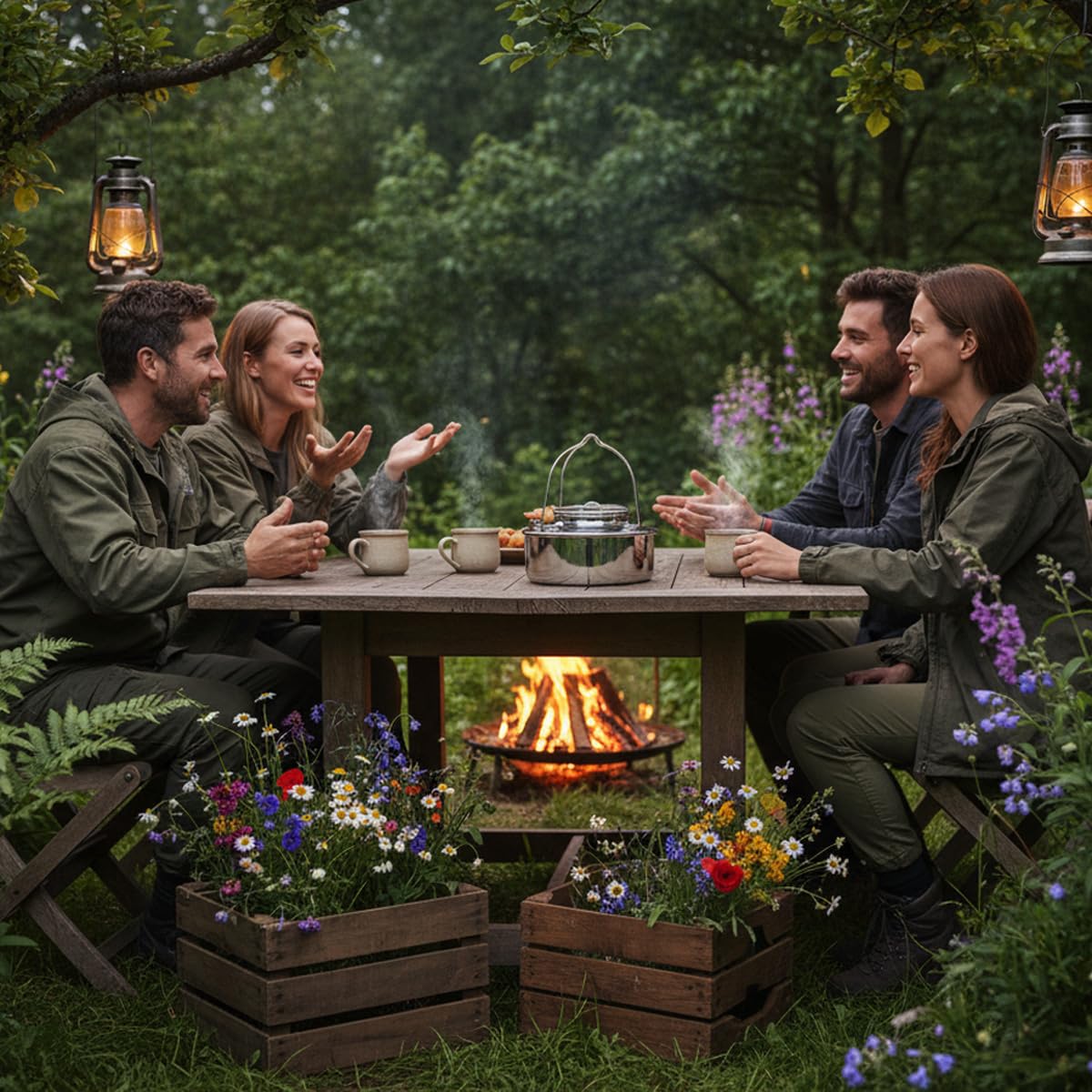 Tragbares Camping-Kochgeschirr-Set aus 18/8 Edelstahl, 11-teilig, stapelbares Design, große Kapazität, Töpfe und Pfanne mit Kessel, kompakt für Picknick und Familien-Kochen im Freien (4–8