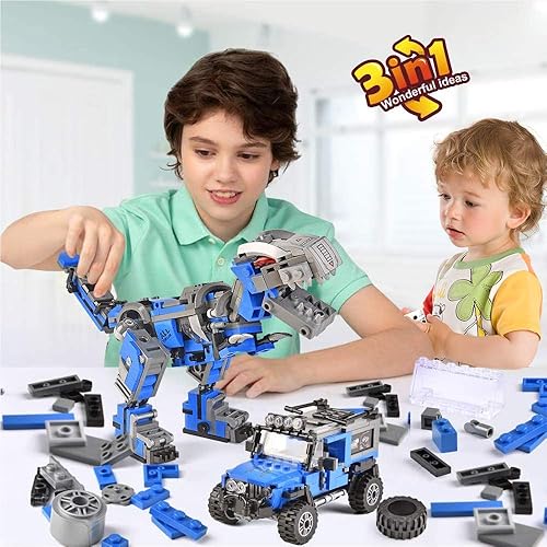Miniatura 5 de QMAN Bloques de construcción 3 en 1 de juguete para niños de 6 a 12 años, camionetas mecánicas T-Rex, kit de construcción de vehículos todoterreno,