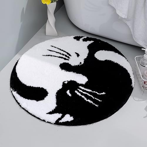 Alfombra de baño de gato blanco y negro, alfombra de baño redonda Yin Yang, bonita alfombra de baño de animales, lavable de microfibra