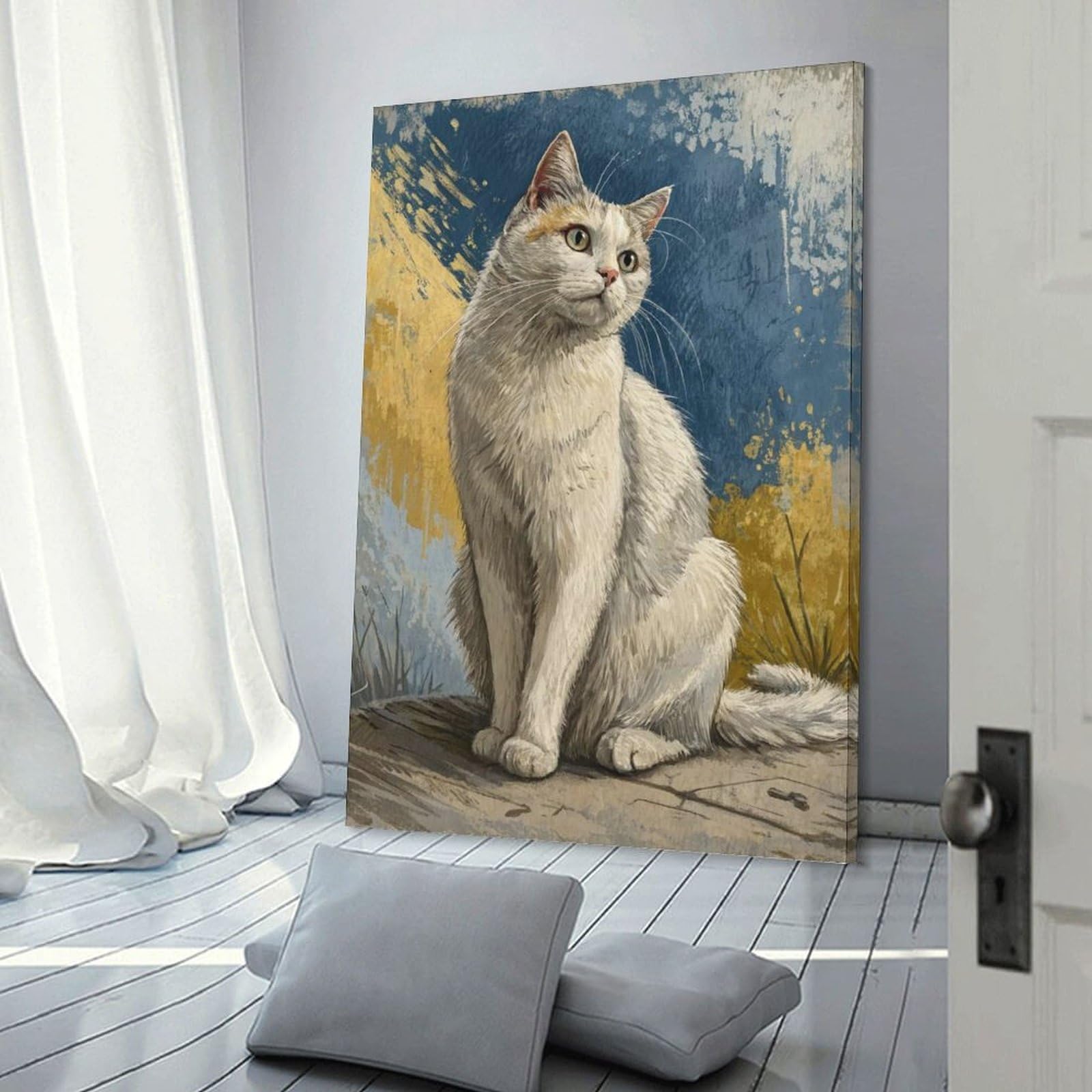 Junmoney Painting of A White Cat Sitting Wall Art Print, 20x30inch(50x75cm), for Bedroom Decor, Cosy Corners Or Studios, Decorative Wall Art for Cosy Rooms