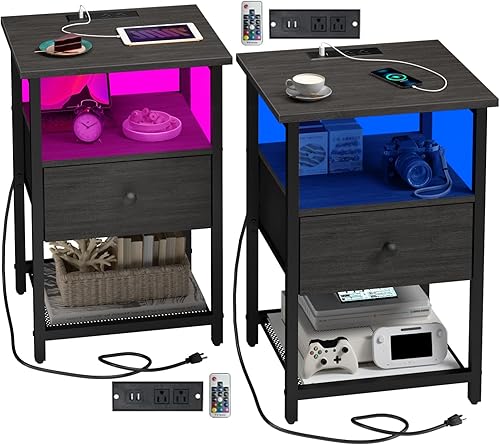 HDDDZSW Juego de 2 mesitas de noche LED con estación de carga, mesitas de noche con puertos USB y tomas, mesa auxiliar con cajón 2 en 1 de madera de