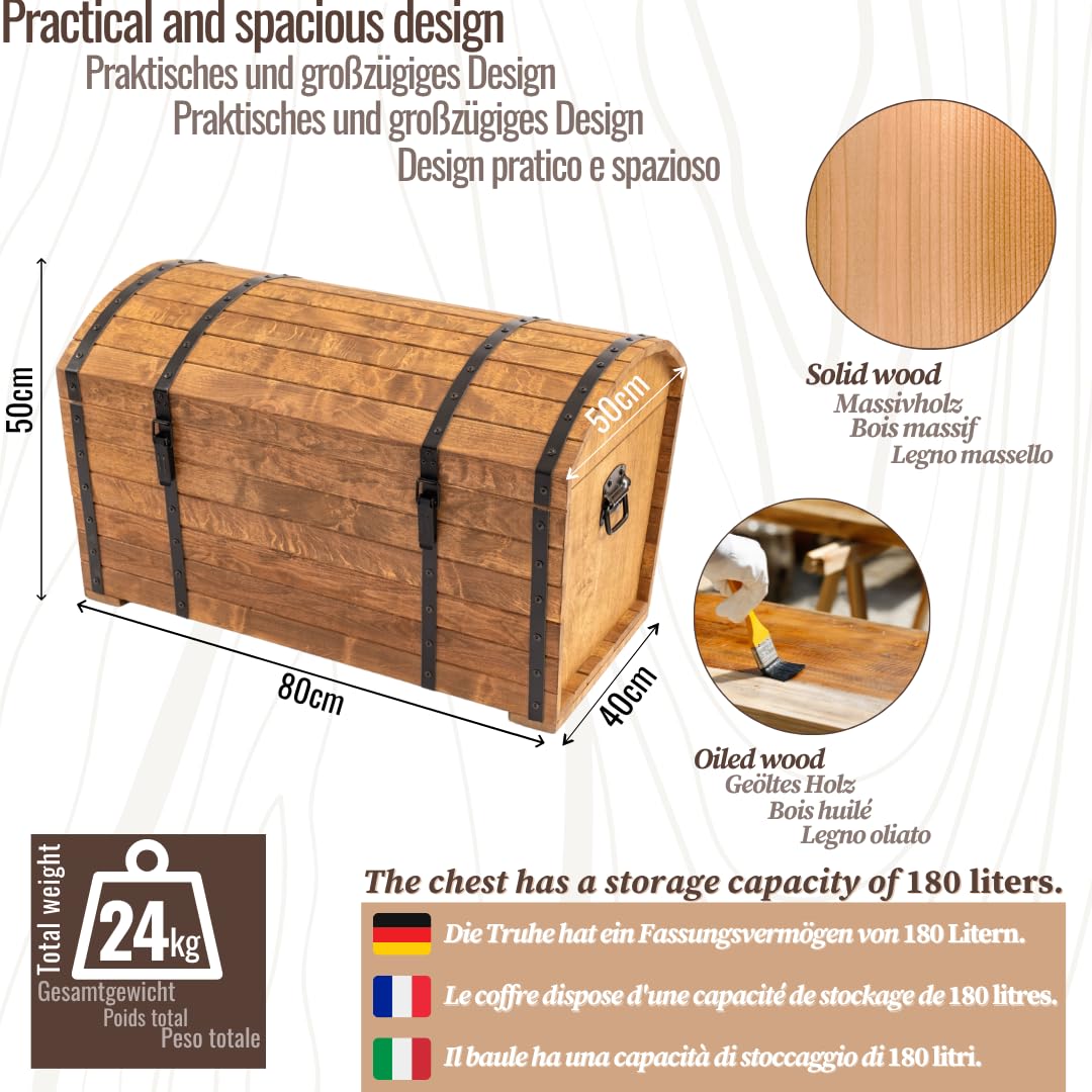 CREATIVE COOPER Coffre de rangement classique en bois d'aulne huilé, 180 l, design vintage, pour salon, terrasse et jardin, 80 x 50 x 50 cm