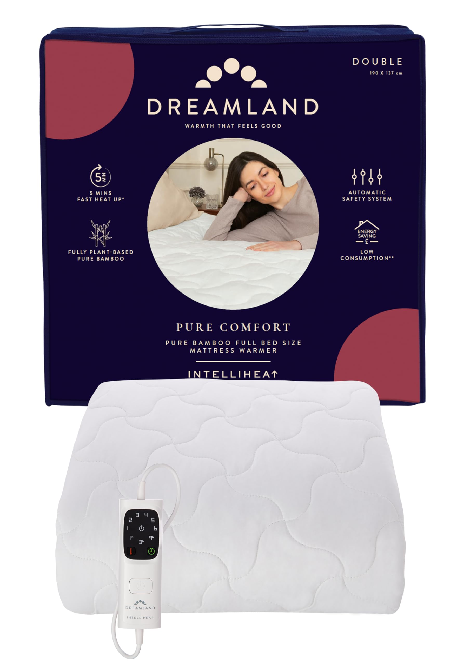 Dreamland – Double Bamboo Electric Blanket, Fast Heating Underblanket, 6 Heat Settings, Hypoallergenic, Auto Safety Shut Off, Detachable Control, 190x137cm, Heated Blanket for Double Bed