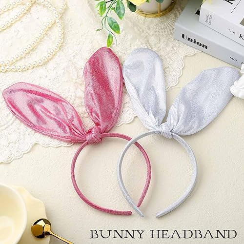 Miniatura 2 de Diadema de orejas de conejo para niñas, orejas de conejo rosa, diadema de conejo con purpurina, lindo disfraz para fiesta y cosplay